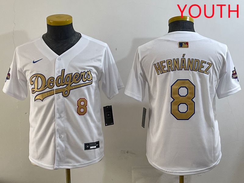 Youth Los Angeles Dodgers #8 Hernandez White Champion gold character 2025 Nike MLB Jersey style 1->women mlb jersey->Women Jersey